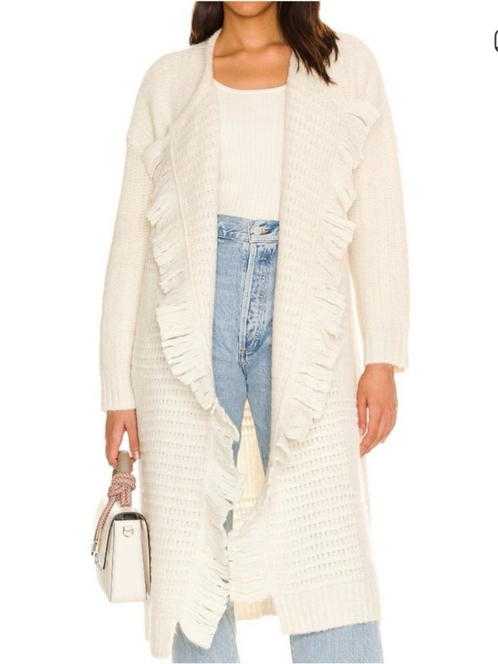 ALLSAINTS Alpaca + Wool Selena Open-Front Long Cardigan in Cream for Fall